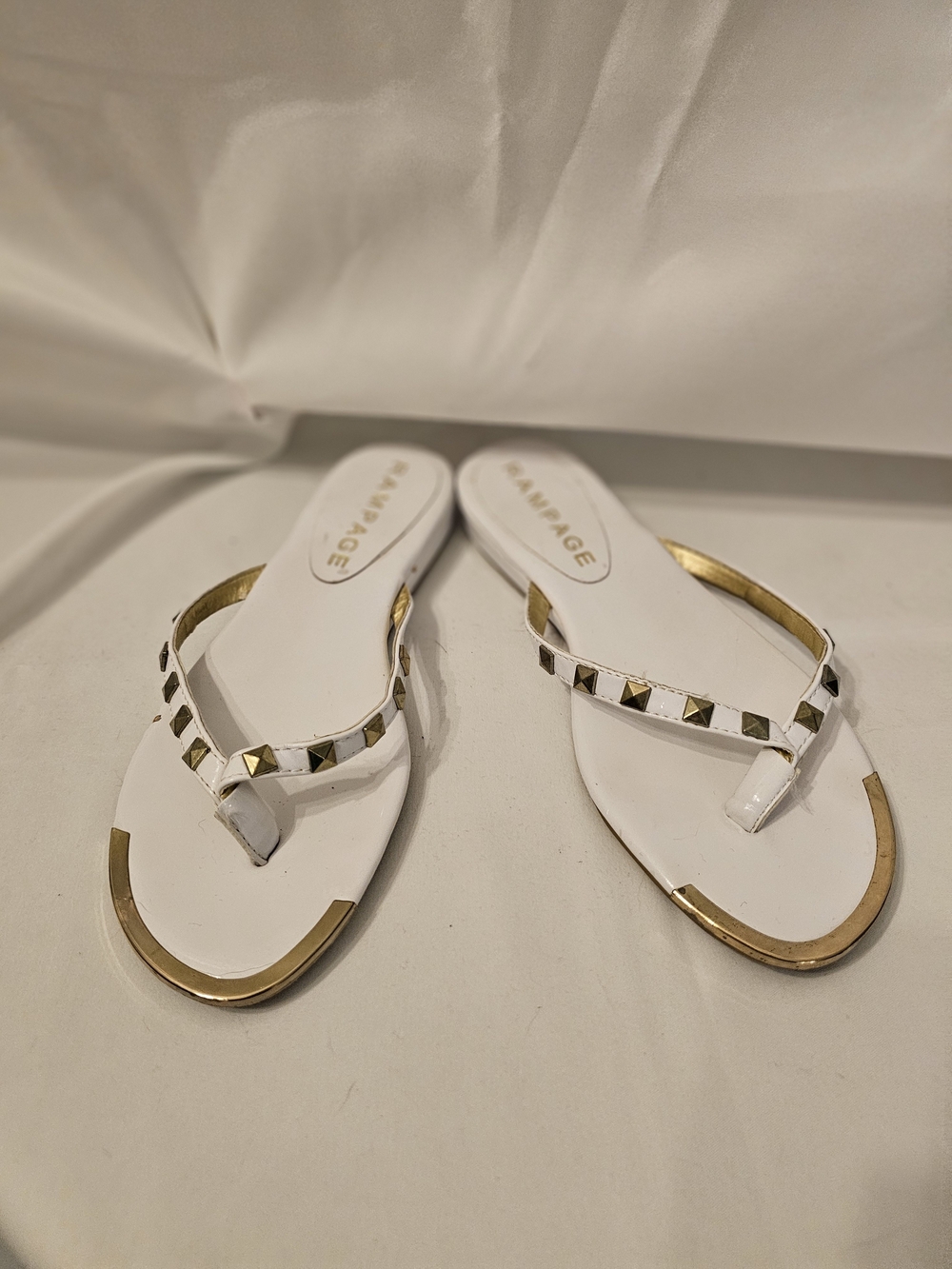 Rampage White Stud-Trim Toe-Post Sandals with Gold Accents